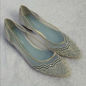 Bella Belle Wedding Flats Women 7 Ivory Slip On Shoes Coquette Romantic Pearls‎